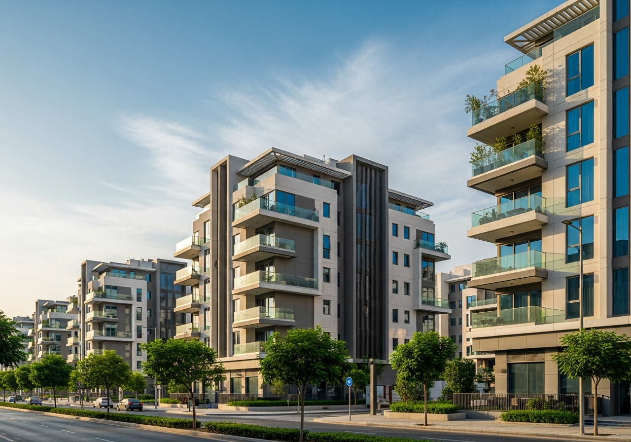 Cidde Umm Hableen Mahallesi'nde modern cepheli satılık dairelerin bulunduğu bir apartman binası