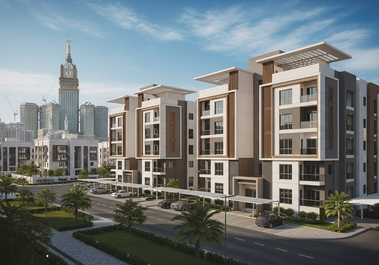 Modern residential building facade with apartments for sale in Al-Mohammadiyah District, Mecca