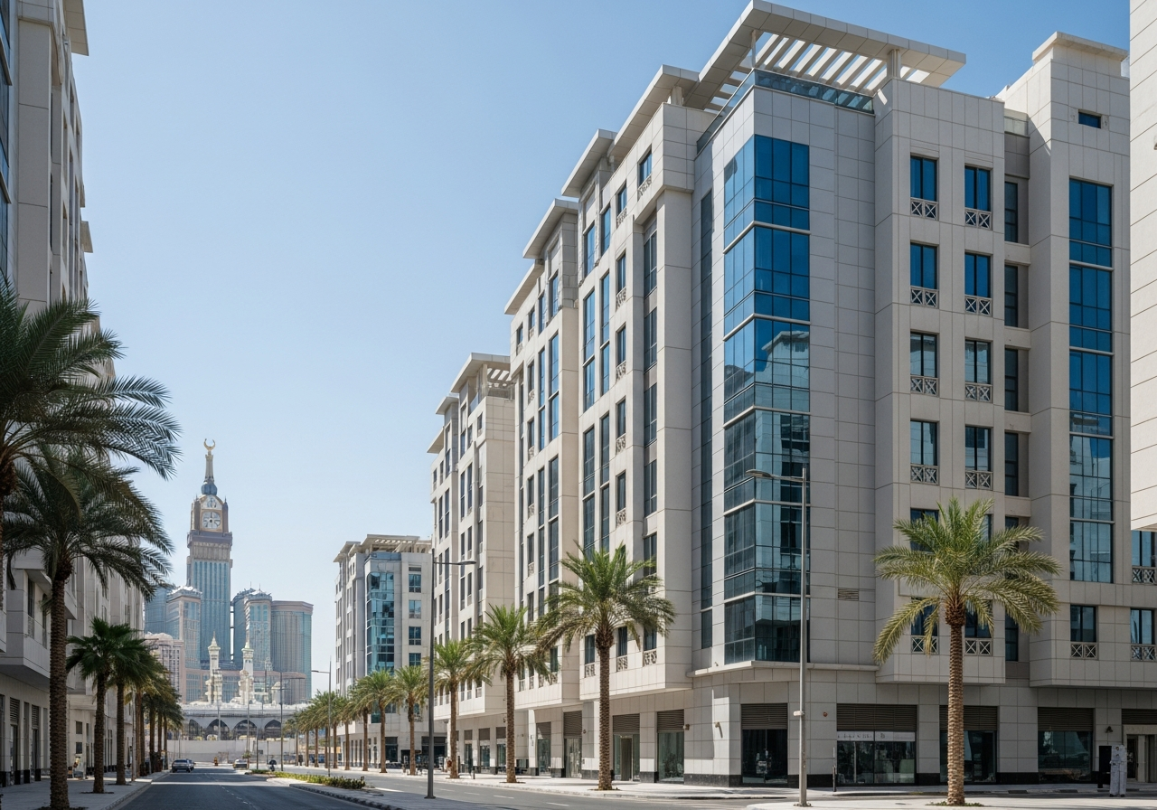 Façade d’un immeuble résidentiel moderne proposant des appartements contemporains à vendre dans le quartier Wali Al-Ahd à La Mecque avec un design architectural élégant