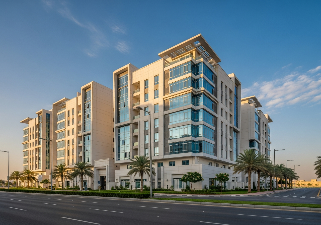 Façade d’un projet résidentiel moderne proposant des appartements à vendre à Al-Aarid, Riyad, avec des designs contemporains et des finitions de luxe.