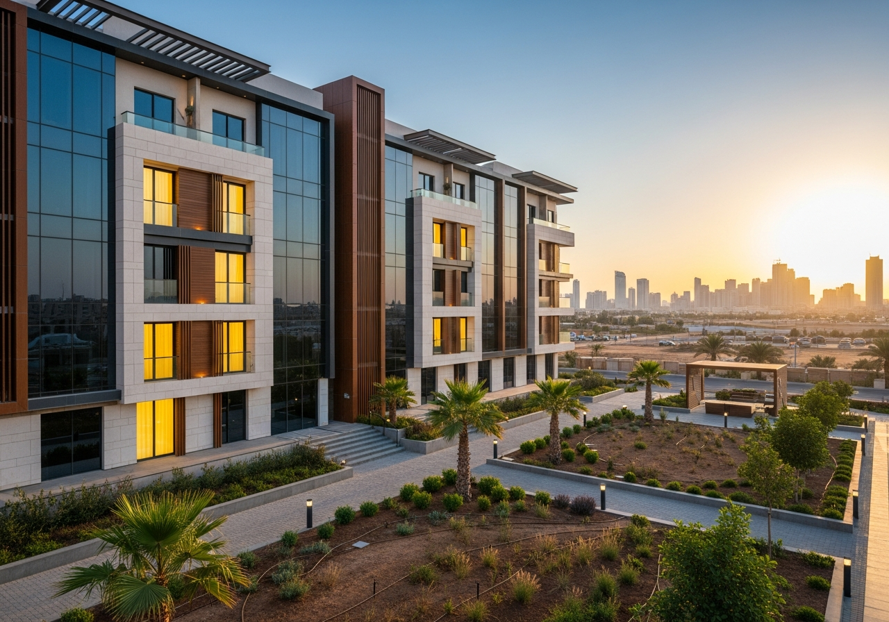 Modern architectural facade of residential apartments for sale in Sedra District, Riyadh, within the integrated Roshn project