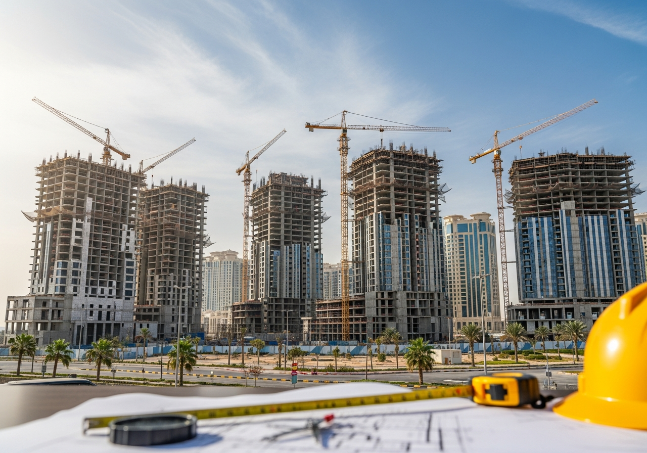 Grand immeuble résidentiel en construction à La Mecque avec grues de chantier reflétant les opportunités d'investissement immobilier