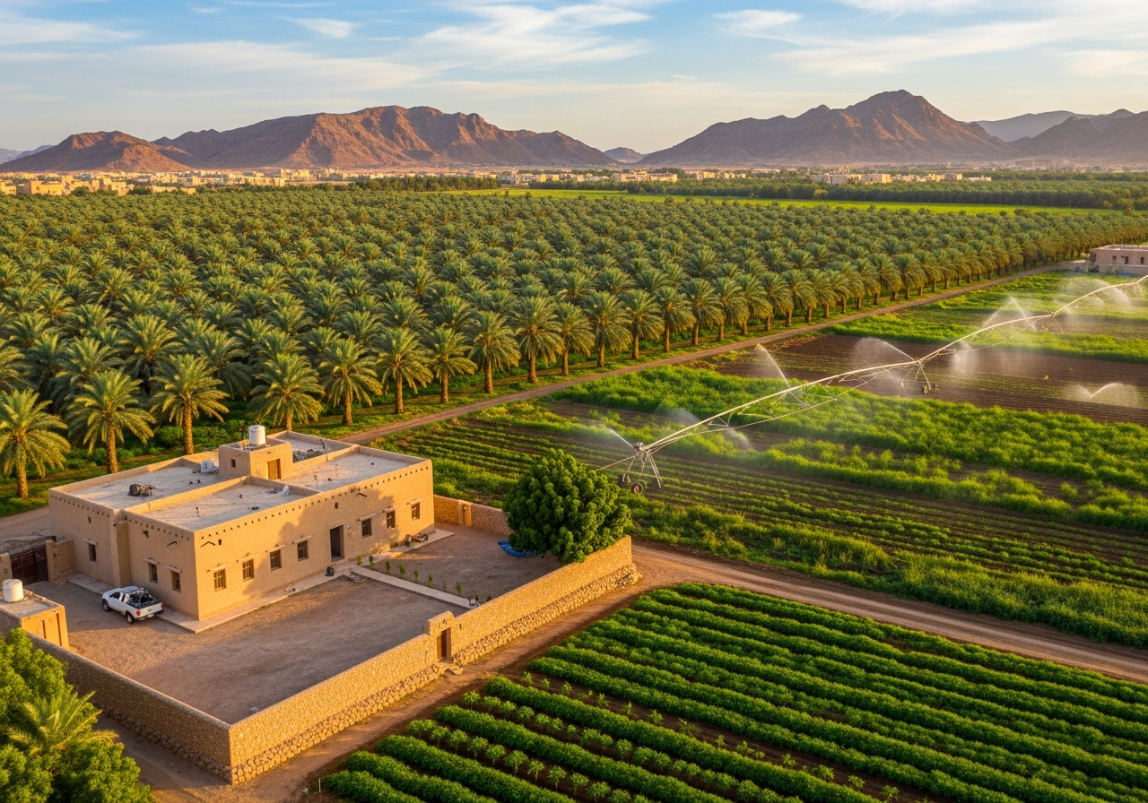 Farms for sale in Saudi Arabia Madinah with palm trees, well, and a nearby location