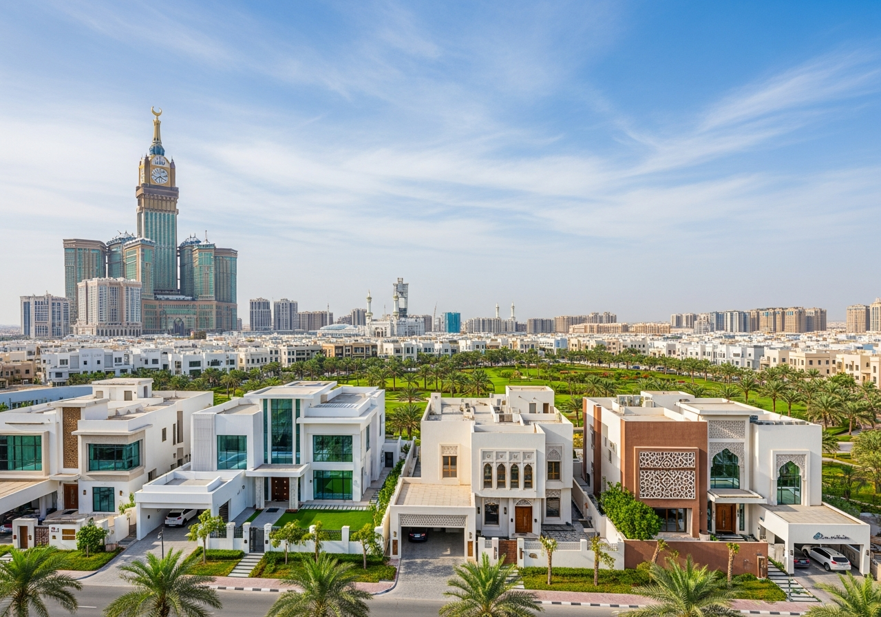 صورة جوية لمجموعة من المنازل والعقارات السكنية الفاخرة للبيع في مكة المكرمة.