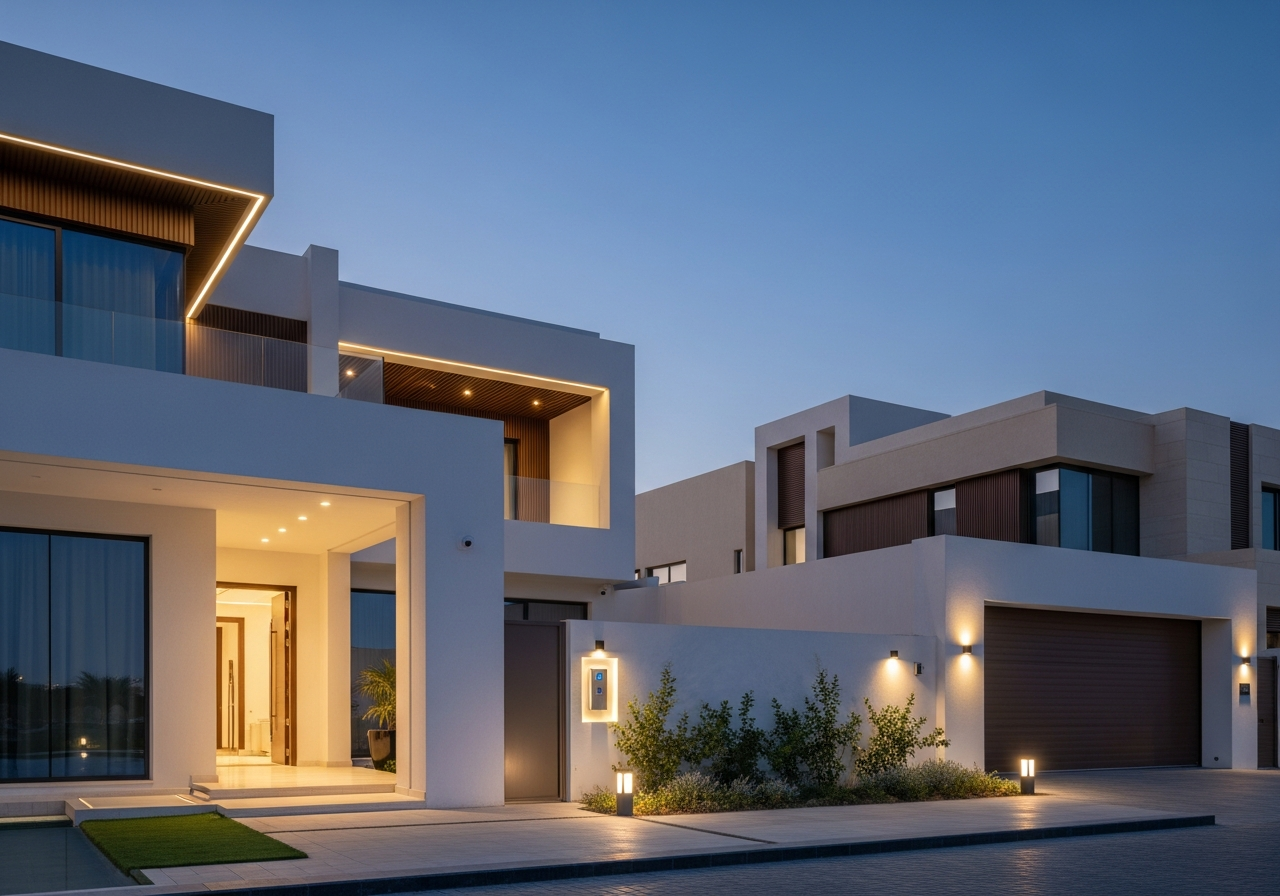 A modern smart villa in Riyadh with a contemporary glass facade reflecting the luxury of future smart homes in Saudi Arabia.