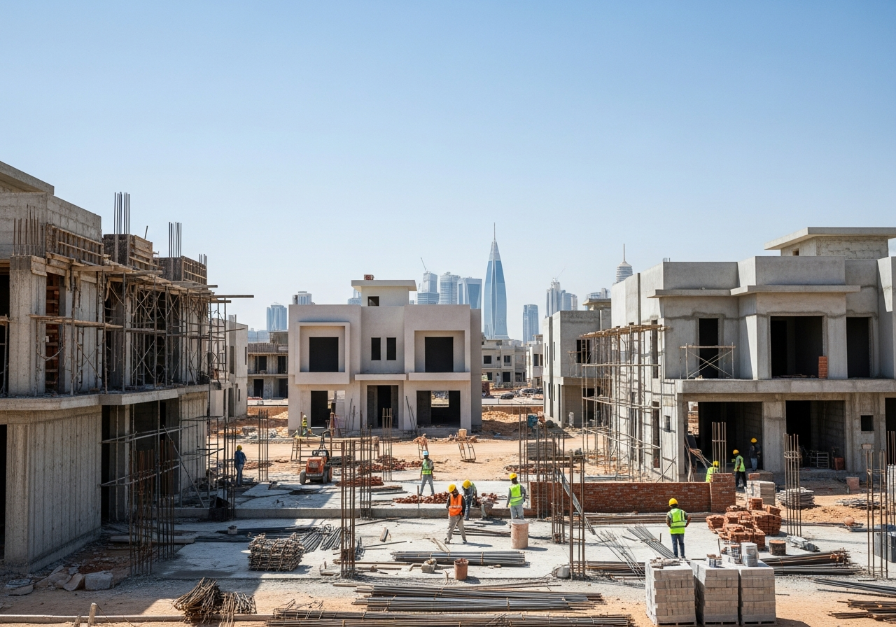 واجهة معمارية حديثة لمنزل قيد الإنشاء ضمن مشاريع الرياض السكنية الجديدة والواعدة.