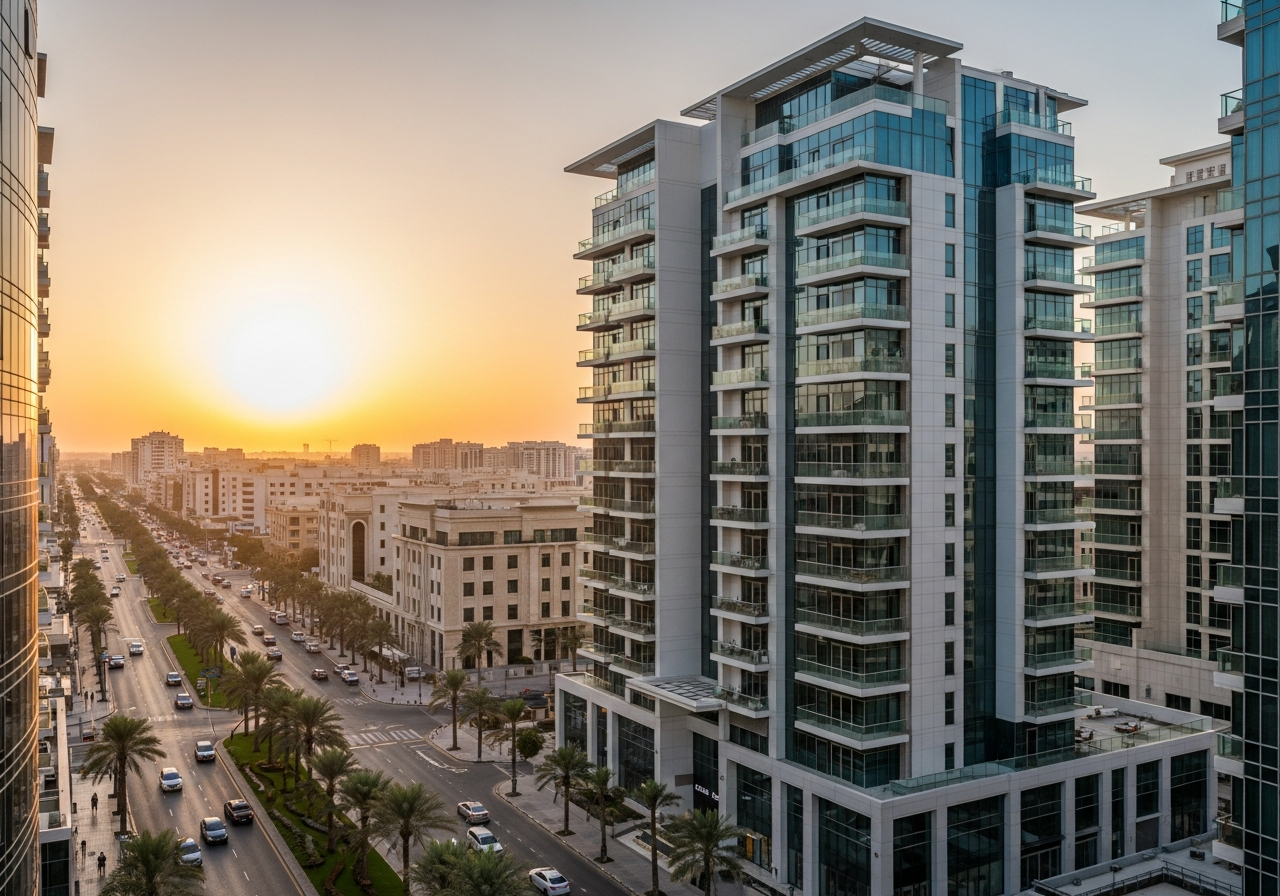 Dammam şehrinde, Suudi Arabistan'da satılık lüks otel dairelerini içeren modern bir bina.