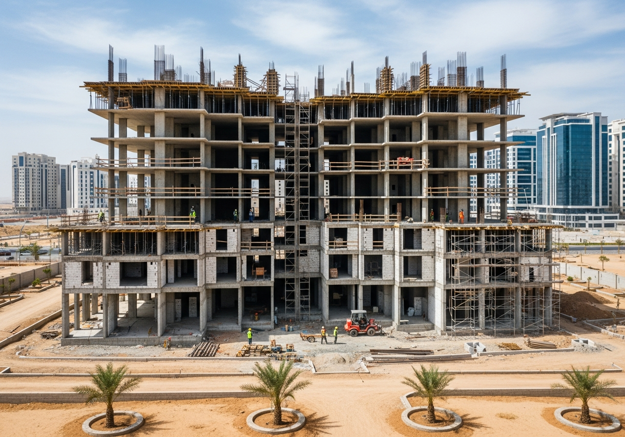 Yapım aşamasında satılık lüks otel daireleri içeren modern bir bina, Suudi Arabistan'da öne çıkan bir yatırım seçeneği.