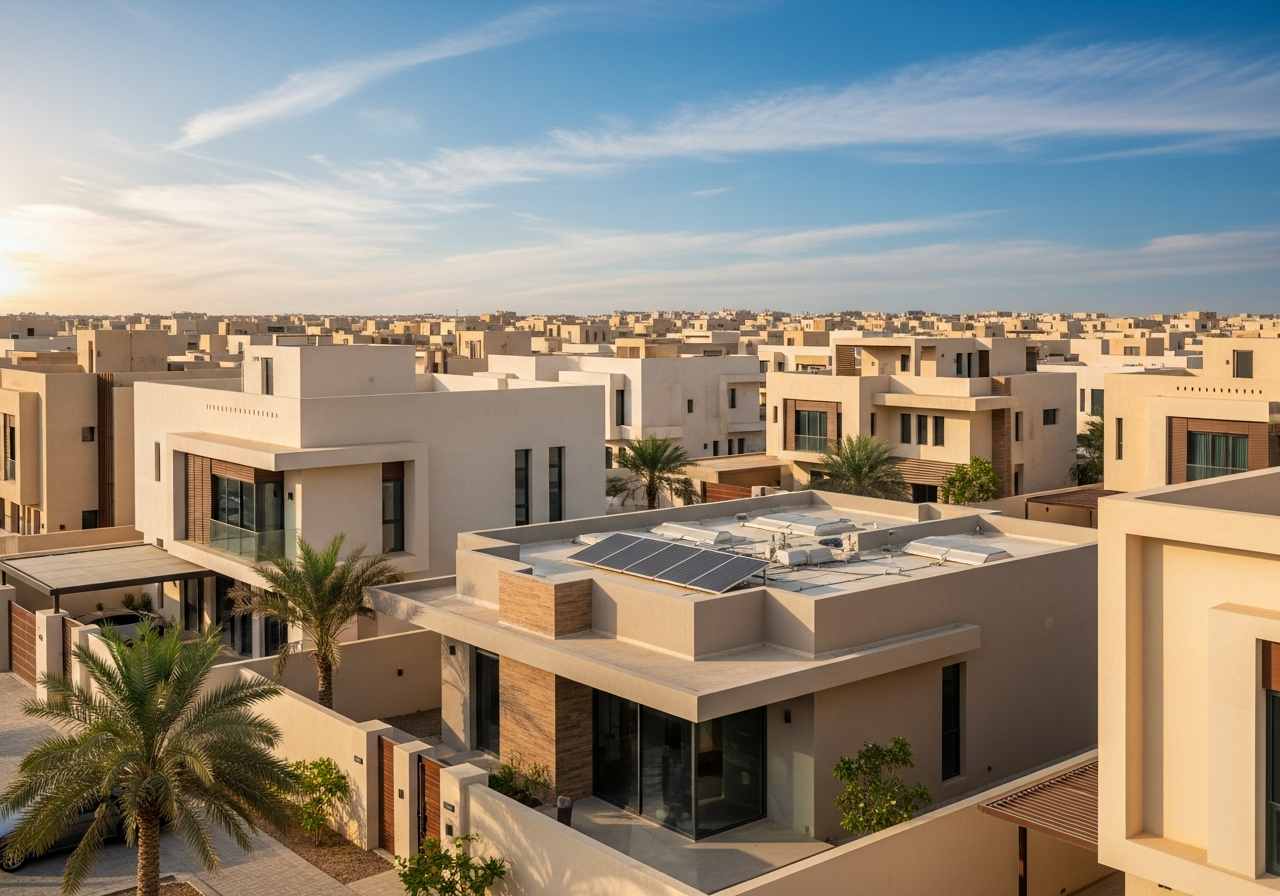 Façade extérieure d'une maison intelligente moderne parmi les maisons à vendre à Dammam, reflétant le développement urbain en Arabie Saoudite.