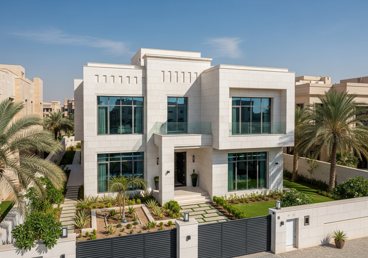 فيلا سكنية بيضاء أنيقة معروضة للبيع في جدة ضمن خيارات إعادة البيع المستعملة