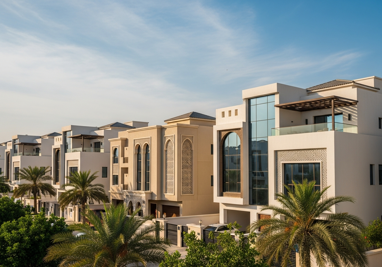 Exterior view of a luxury residential villa among a group of houses for sale in Mecca, Saudi Arabia