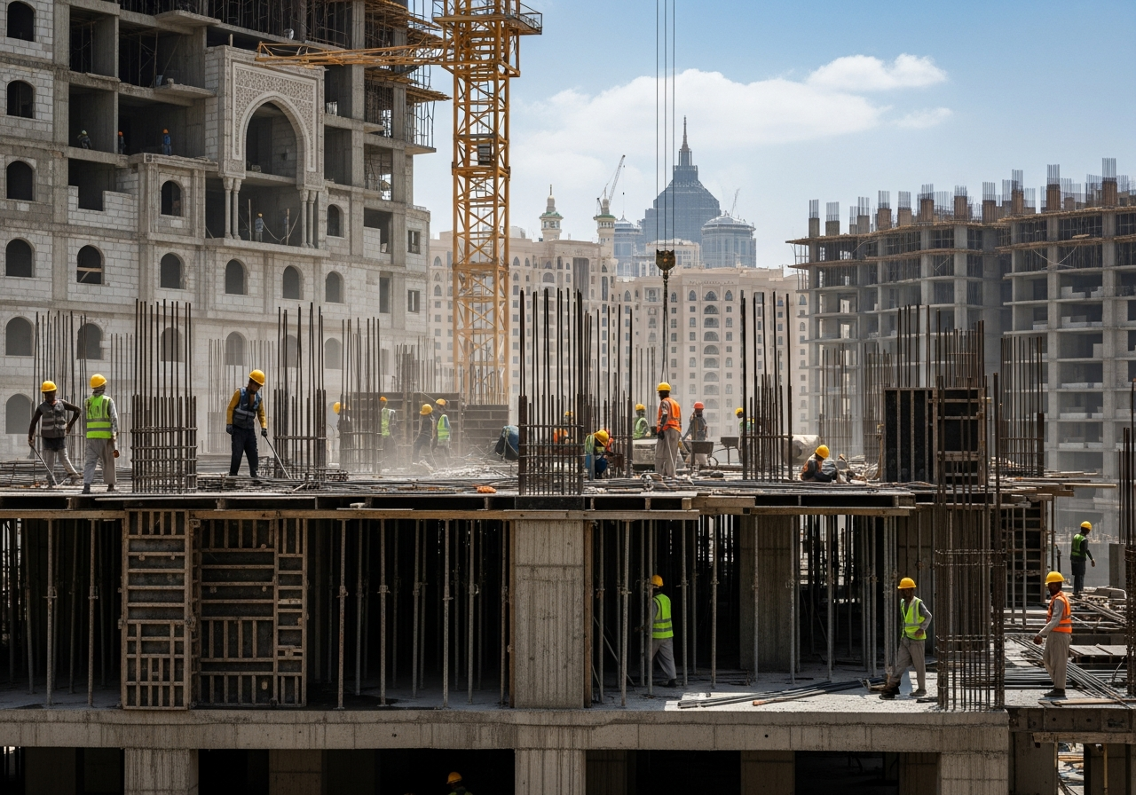 Image of a residential housing project under construction in Makkah with modern designs near the Haram