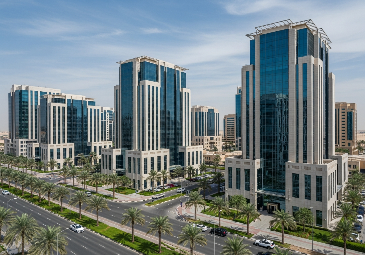 Riyad’daki yüksek katlı ticari kulelerden birinde satılık modern ofis, sahiplik ve gayrimenkul yatırımı için.