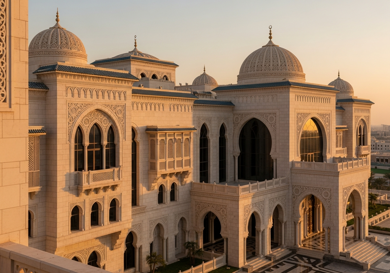 Conception extérieure d'un palais luxueux à vendre à Dammam montrant la splendeur architecturale et les jardins environnants