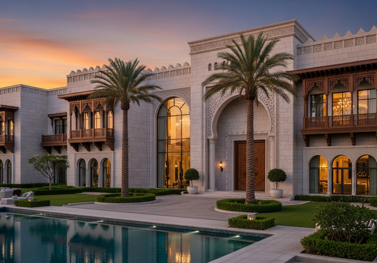 Façade d’un palais de luxe à vendre en Arabie Saoudite montrant le raffinement du design et les jardins environnants