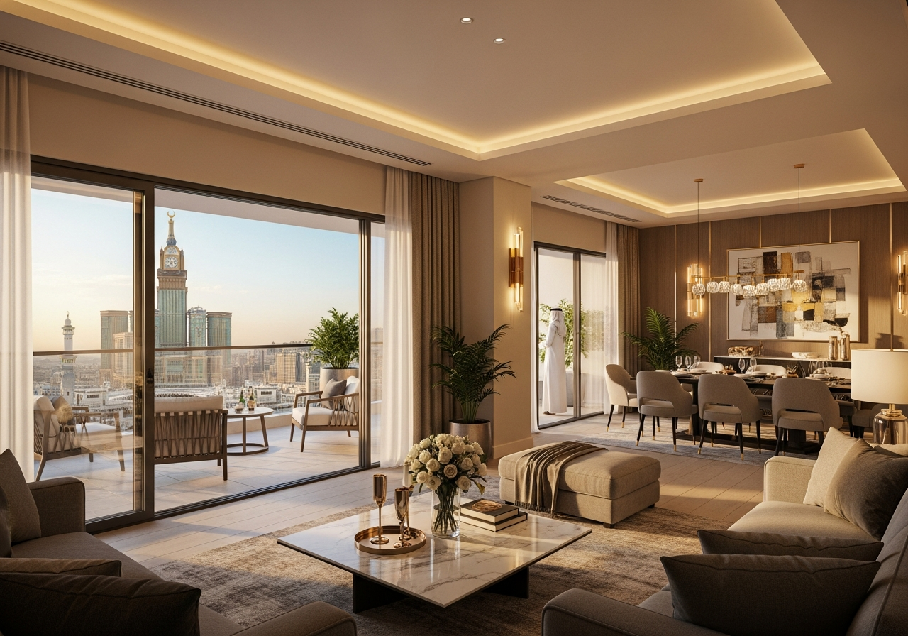 Mekke'de satılık lüks penthouse daire, modern mimari tasarımı ve yüksek kaliteli bitişleriyle öne çıkıyor