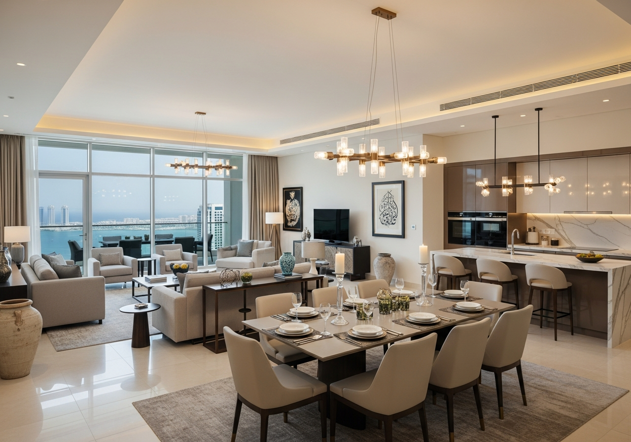 Suudi Arabistan'da modern tasarımlı, özel çatıya sahip, panoramik manzaralı lüks oturuma hazır penthouse daire