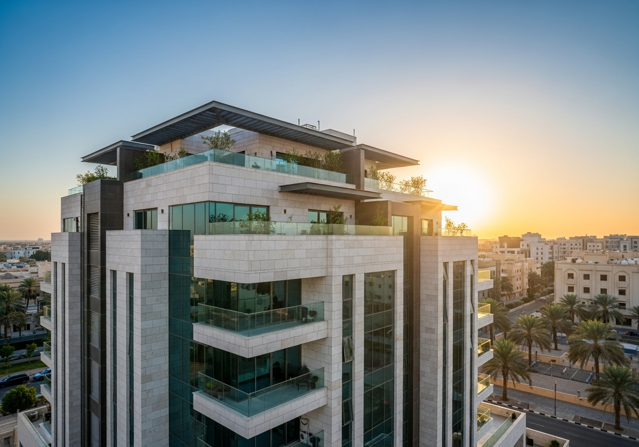 Luxury penthouse apartment in Riyadh with a spacious balcony overlooking the modern city skyline
