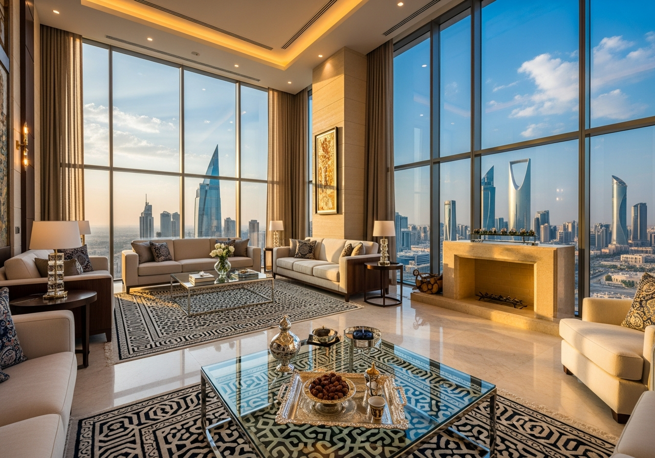شقة بنتهاوس تمليك معروضة للبيع في الرياض تتميز بتصميم داخلي عصري وإطلالة بانورامية على المدينة