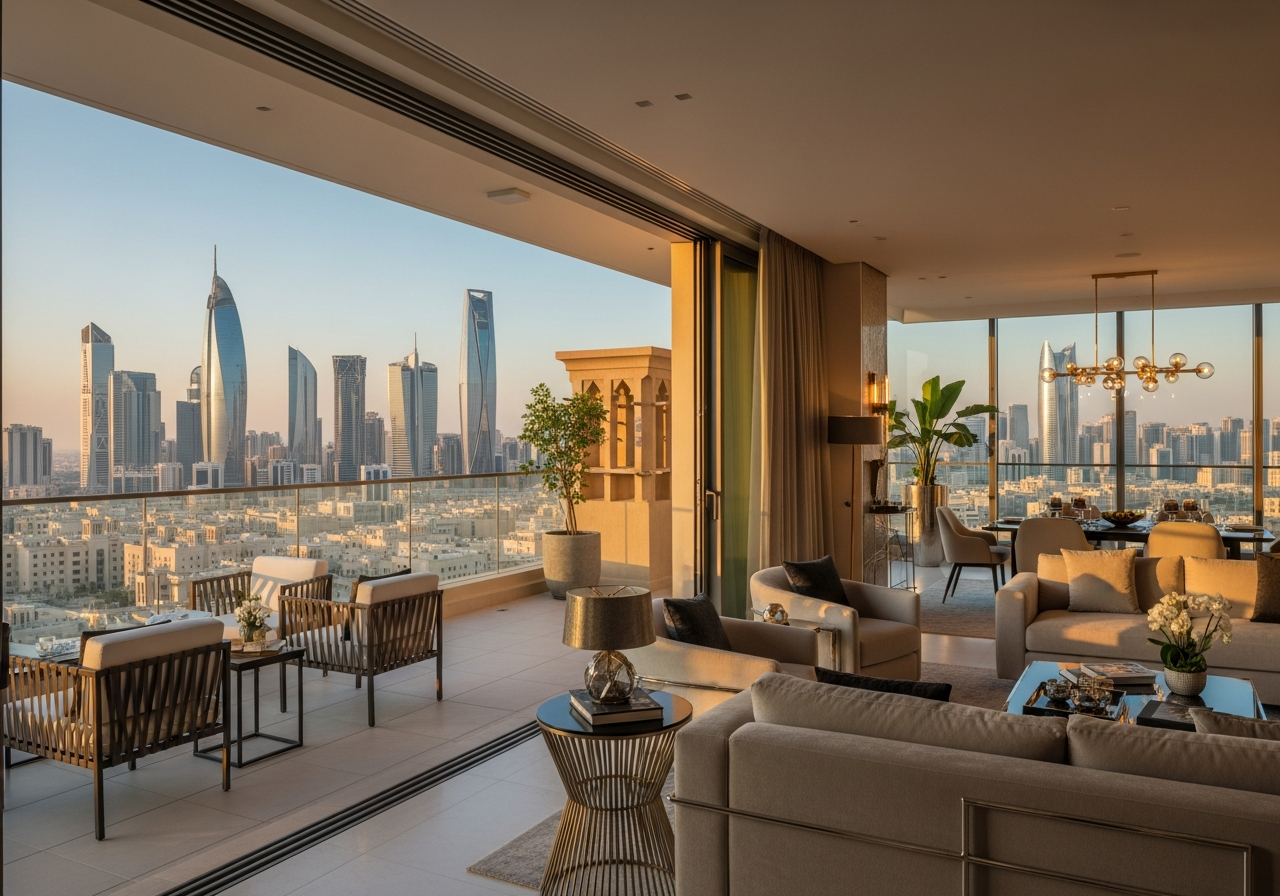 Riyad’da yüksek kaliteli işçiliği yansıtan şehir manzaralı lüks penthouse daire