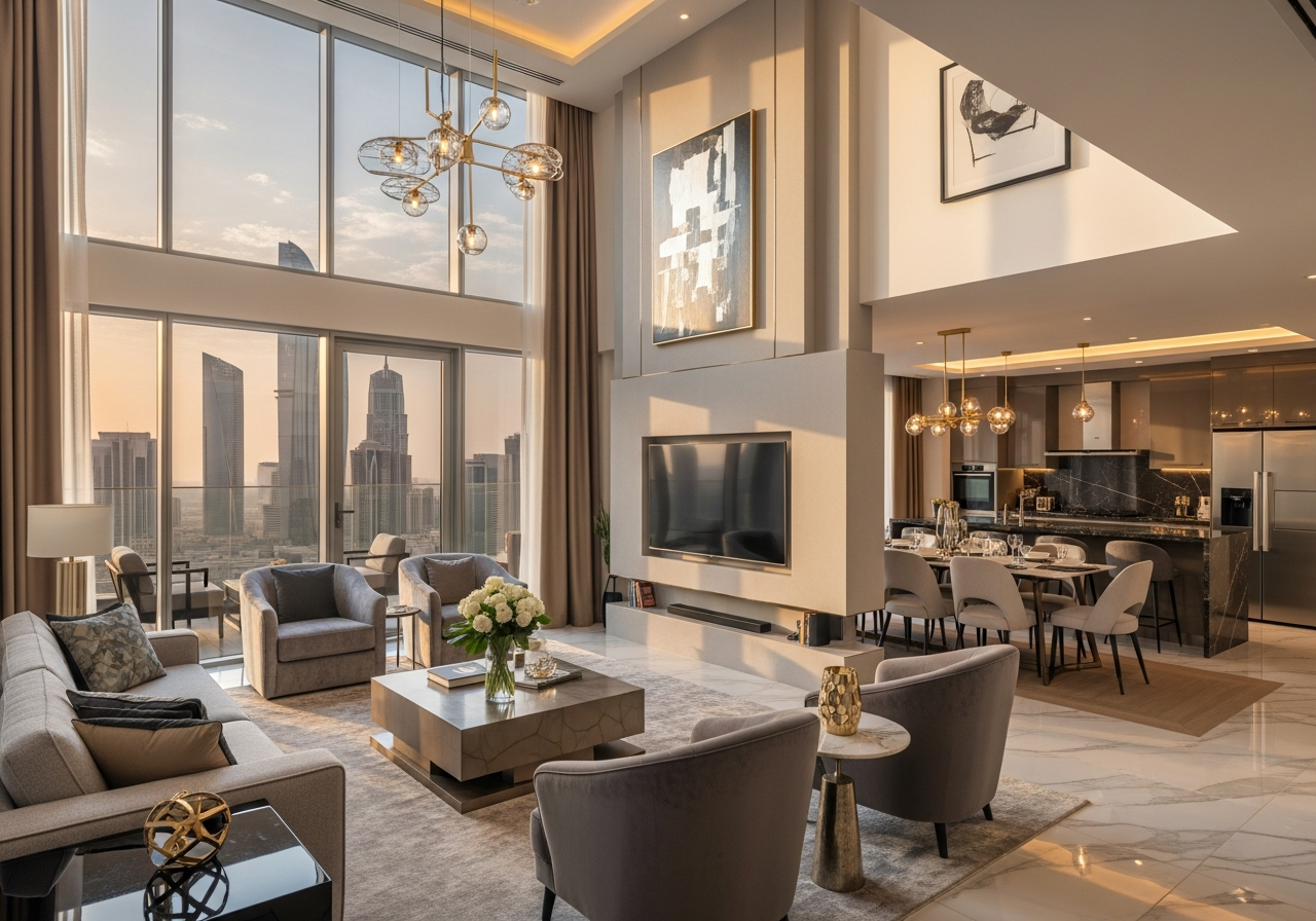 Riyad'da modern bitişlere ve panoramik manzaraya sahip lüks dublex oturuma hazır penthouse daire