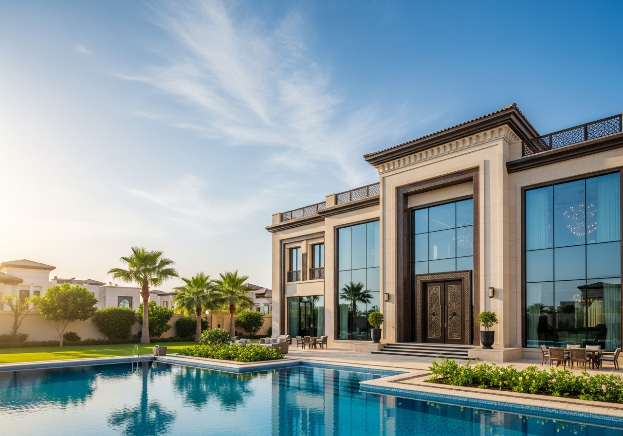 Façade d'une villa de luxe au design moderne à Al-Ahsa reflétant la qualité des finitions immobilières disponibles à la vente