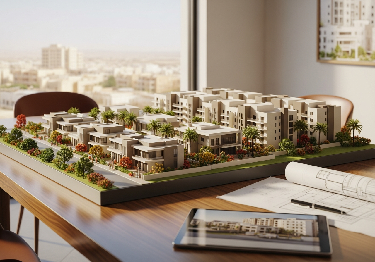 A modern real estate project featuring villas and apartments under construction for sale in Al-Ahsa Governorate, Saudi Arabia
