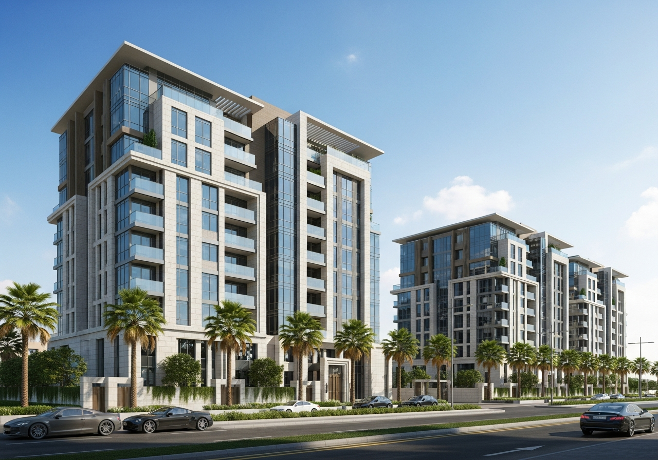 A modern residential building with an elegant façade containing apartments and properties for sale in Al-Fayhaa District, Jeddah