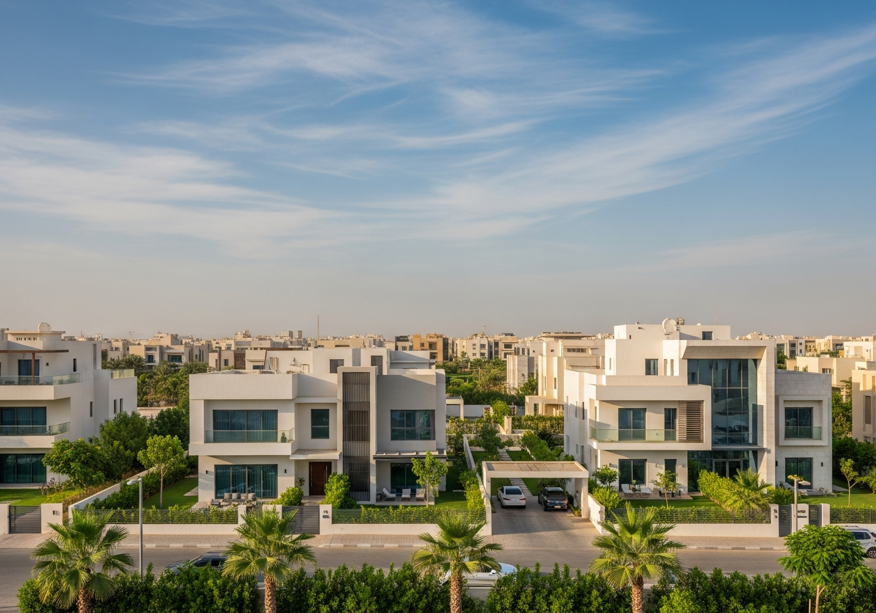Façade d’un projet résidentiel de luxe dans le quartier Al-Nuzhah à Djeddah reflétant la qualité de la construction et du design moderne de la région.