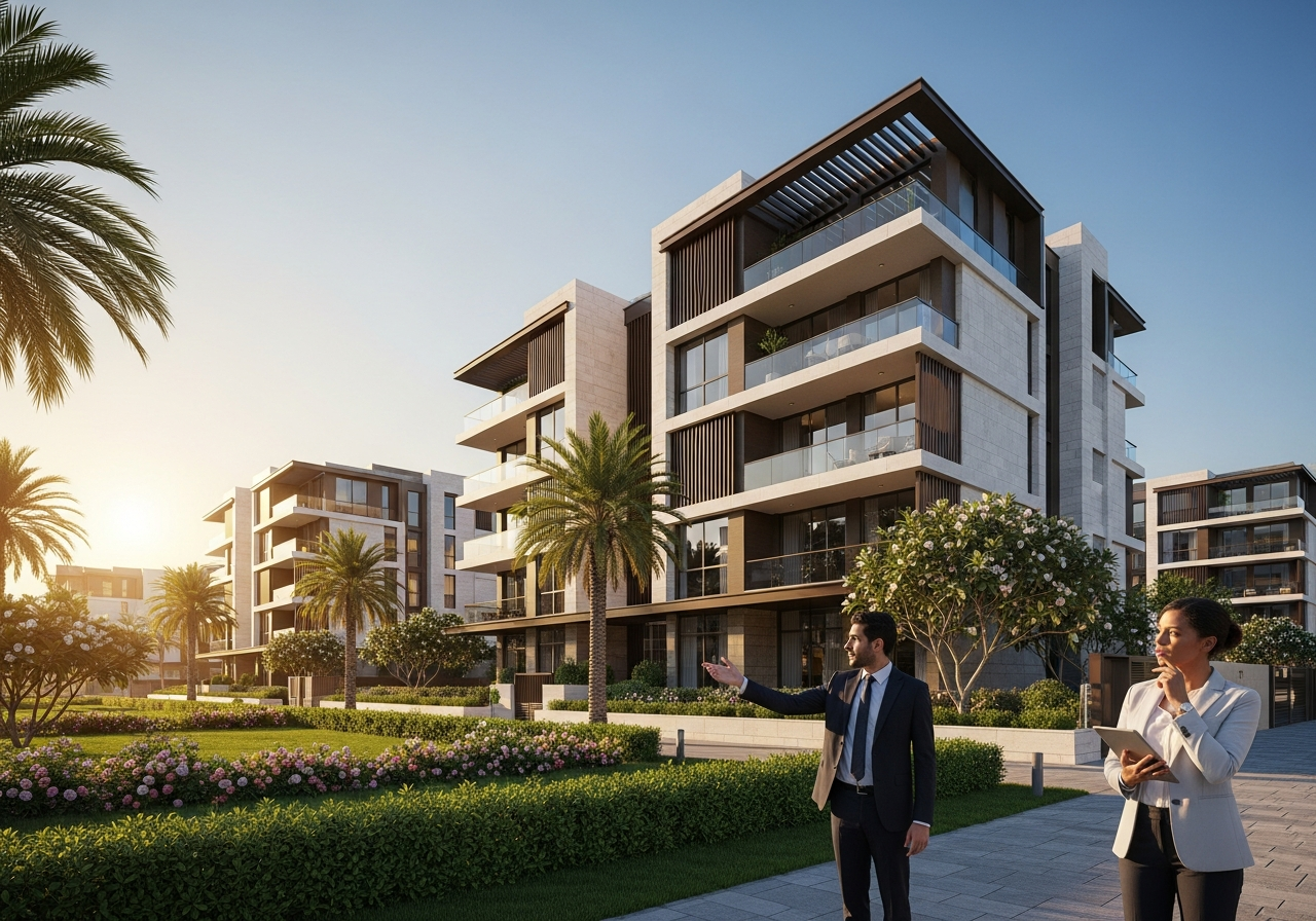 Façade architecturale moderne d’un immeuble résidentiel proposant des biens et appartements à vendre à Al Rawda, Djeddah.