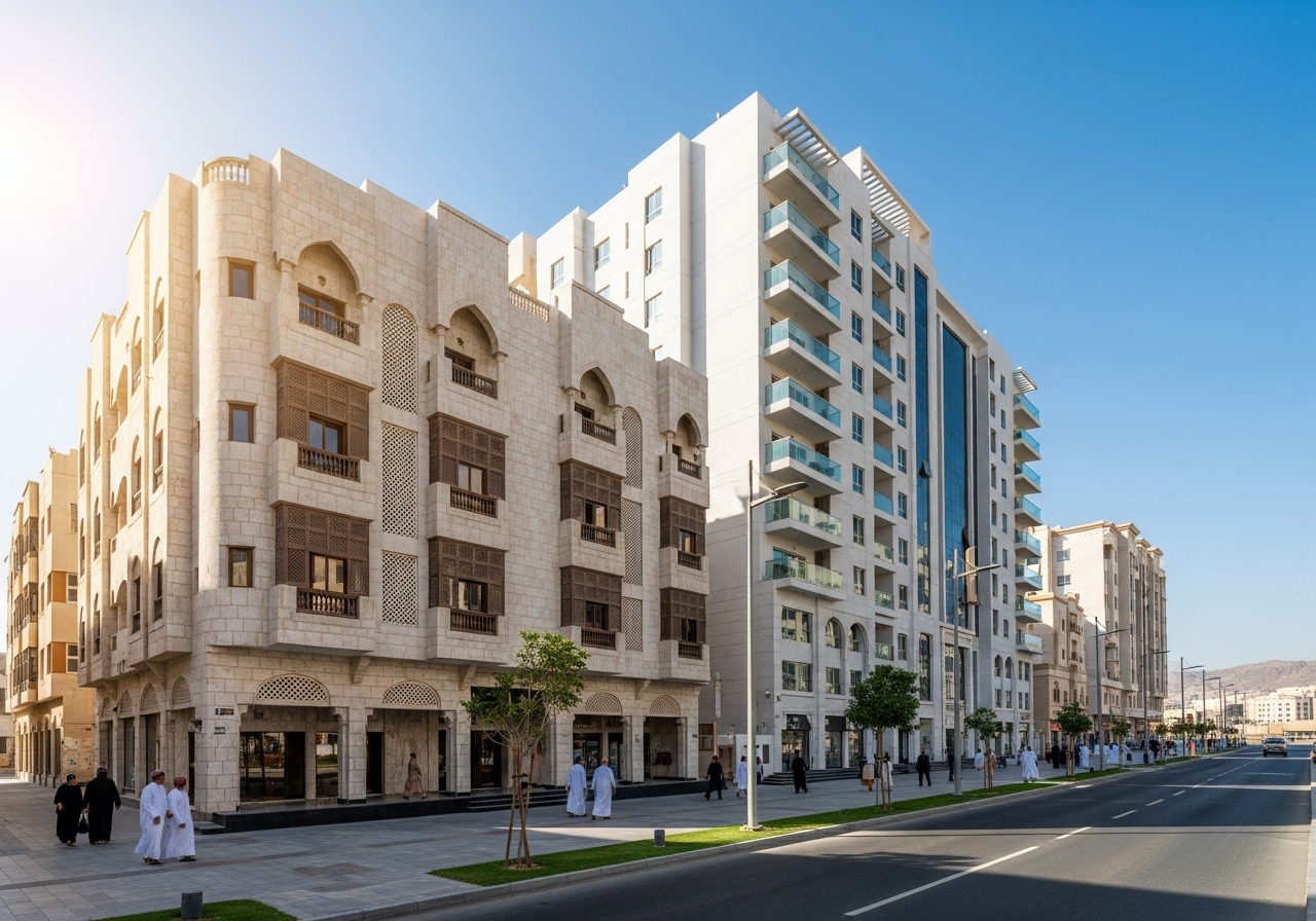 Façade extérieure d’un immeuble résidentiel moderne proposant des appartements et biens à vendre à Al-Kakiyyah, La Mecque