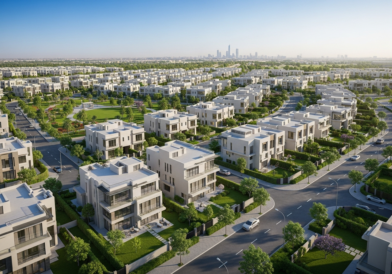 صورة لمجمع سكني فاخر يضم عقارات للبيع في حي الغدير بالرياض مع مساحات خضراء