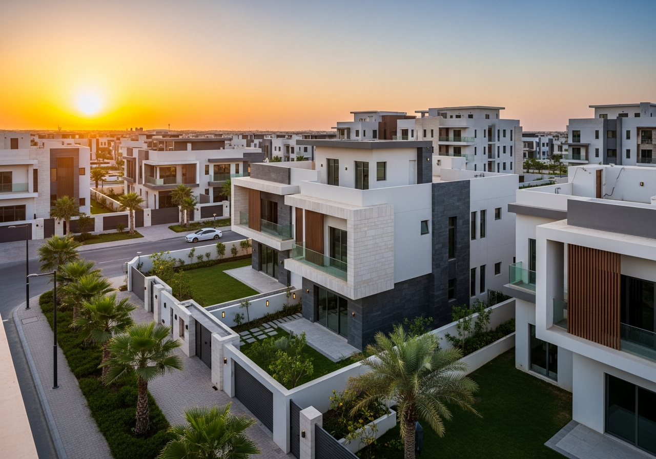 Façade d’un projet immobilier moderne comprenant des appartements et des villas à vendre à Attaawun, Riyad