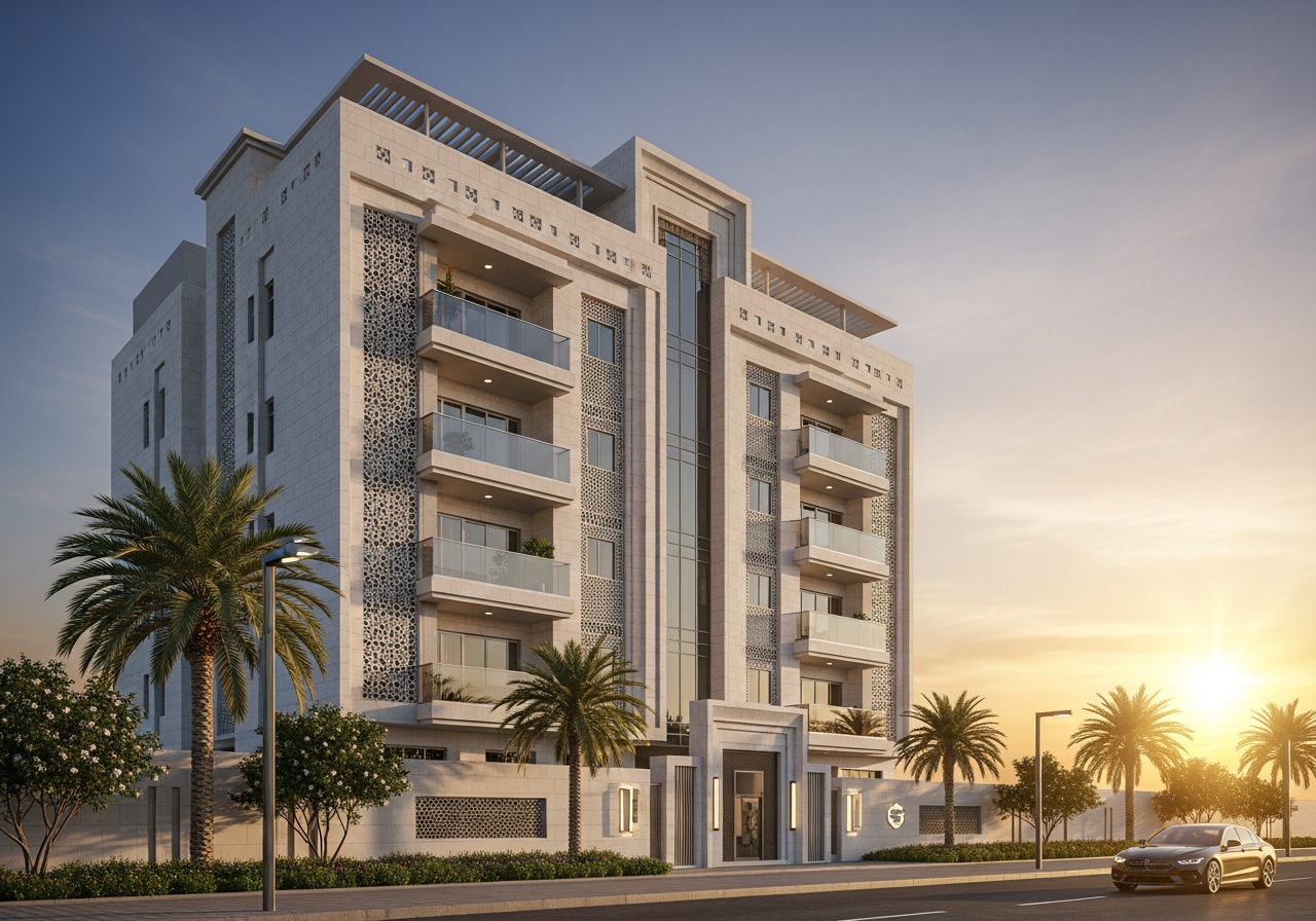 Dammam’da satılık, şık ve bağımsız bir konut katının dış cephesi, başarılı bir gayrimenkul yatırımı olarak