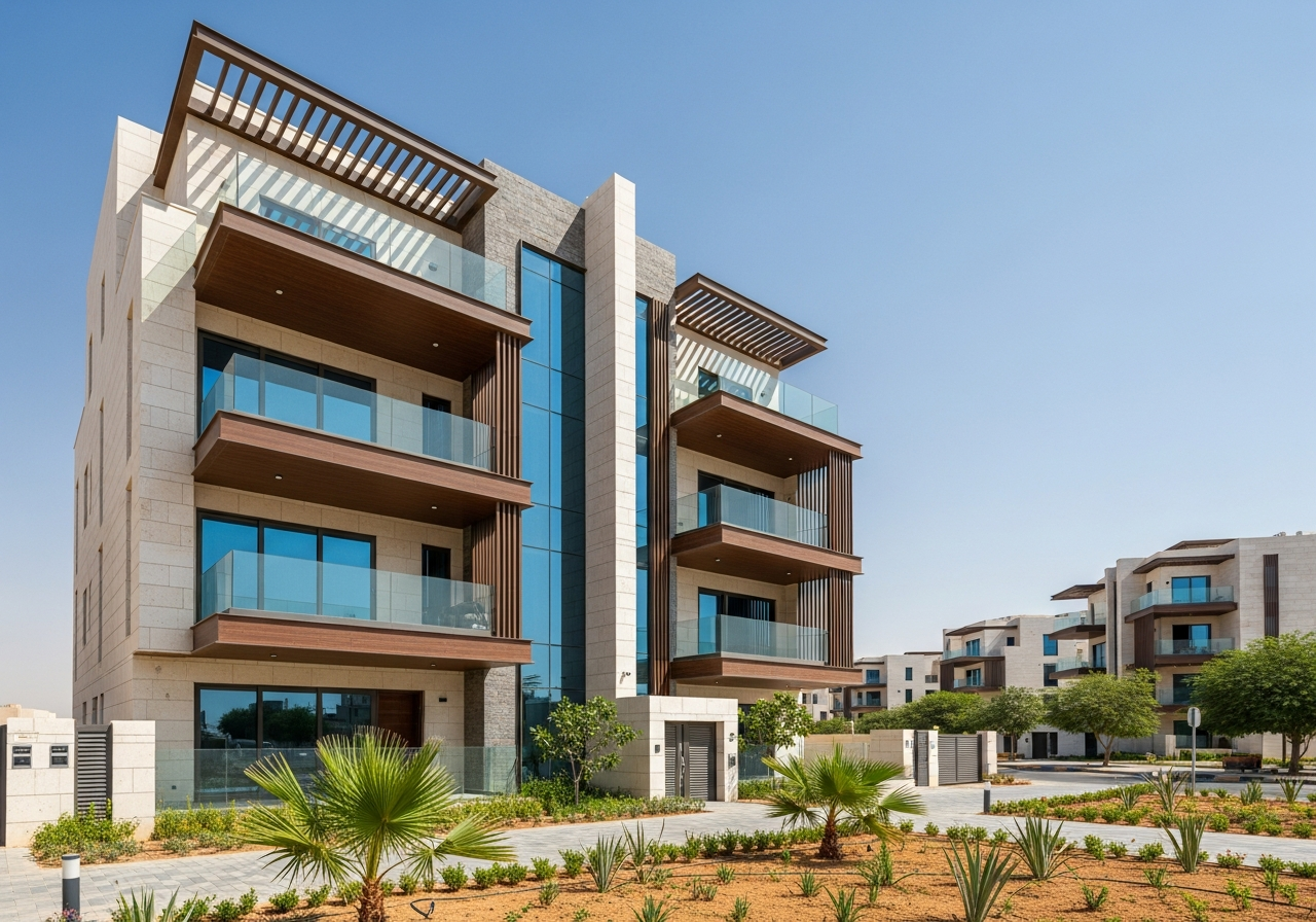 Facade of a modern independent residential floor for sale in Al Rimal, Riyadh.