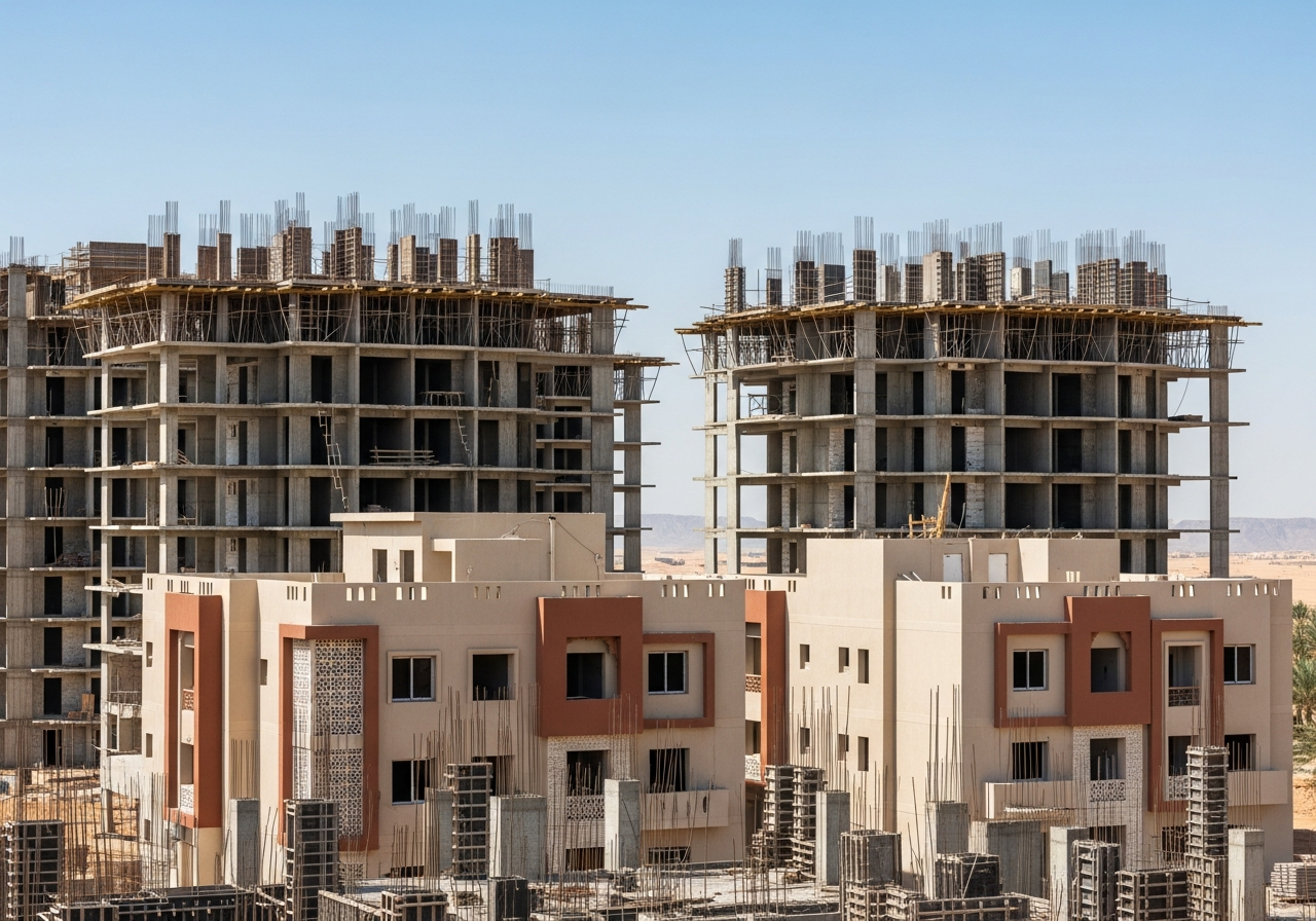 Suudi Arabistan'daki yeni bir projede inşaat halinde modern mimariye sahip bağımsız konut katı tasarımı