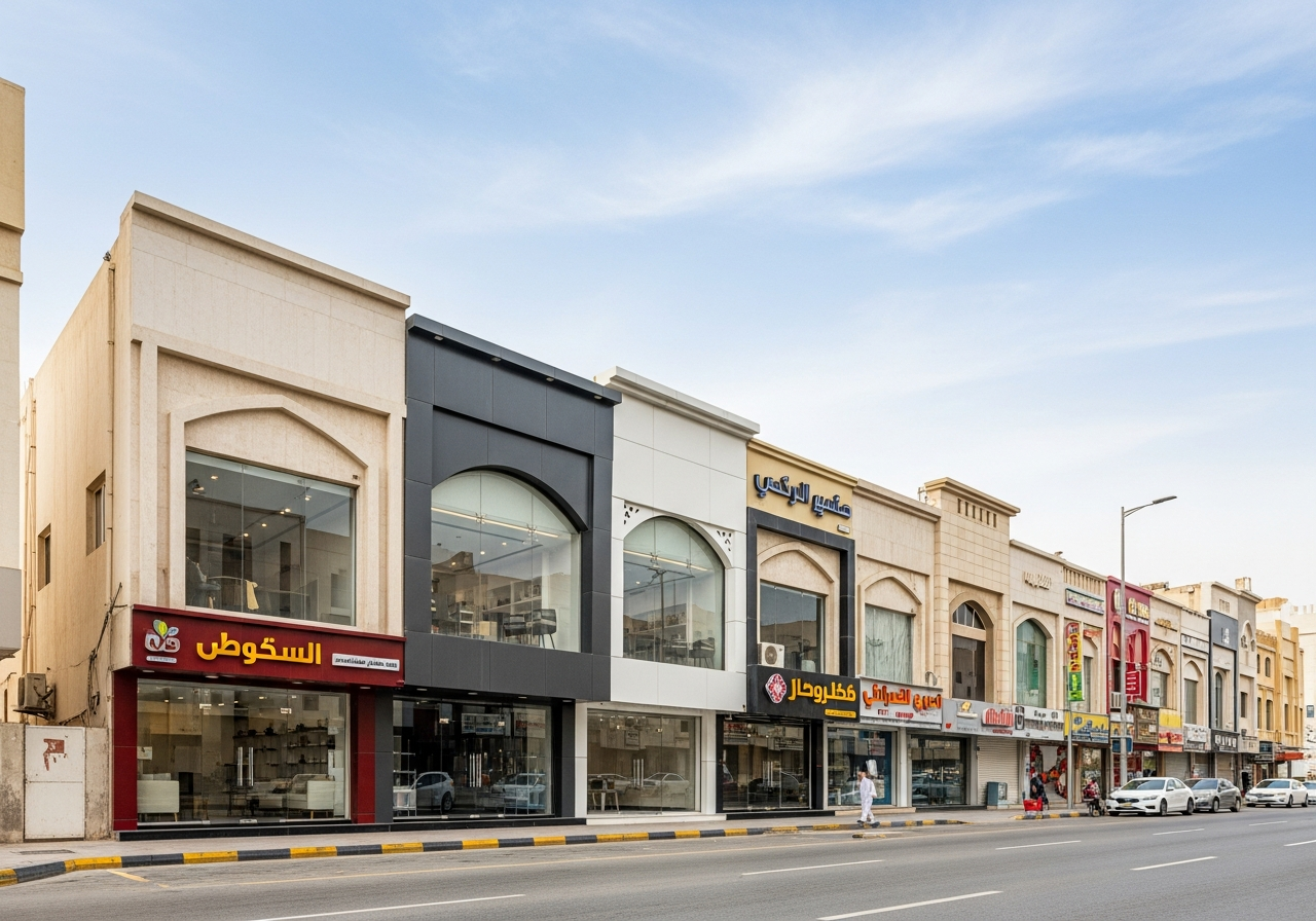 واجهة محل تجاري معروض للبيع في مدينة الدمام كنموذج للاستثمار العقاري التجاري الناجح