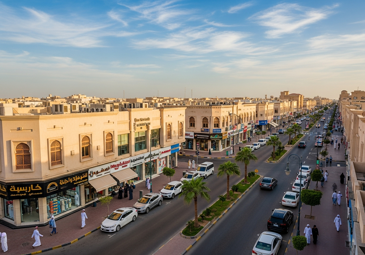 تصویر نمای یک مغازه تجاری شیک برای فروش در شهر دمام به عنوان فرصت سرمایه‌گذاری امیدوارکننده در عربستان