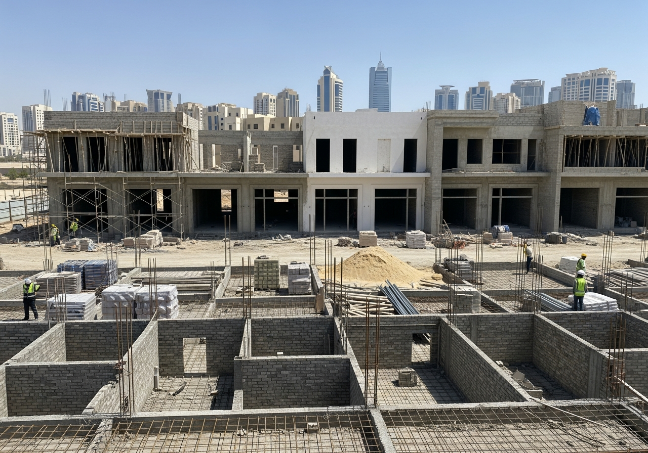 Cidde'de modern bir projede öne çıkan cepheli inşaat halindeki satılık ticari dükkanlar