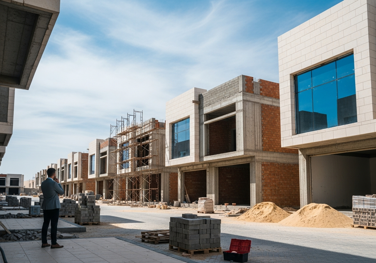 Facade of a commercial shop under construction in a modern real estate project in Al Madinah as a promising investment opportunity