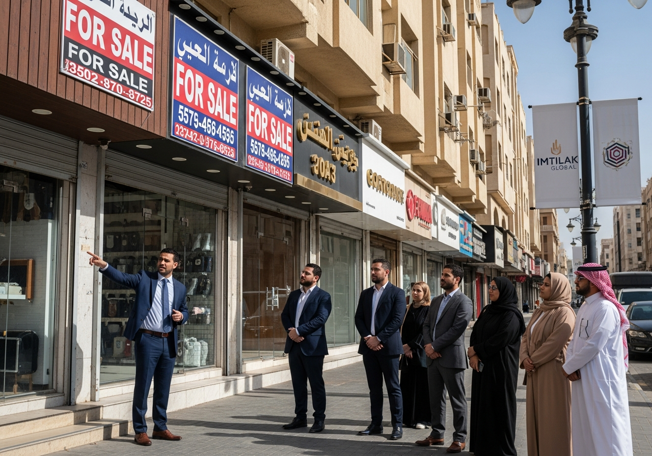 Riyad'ın canlı caddelerinden birinde satılık modern ticari dükkan cephesi, ticari yatırım fırsatı olarak
