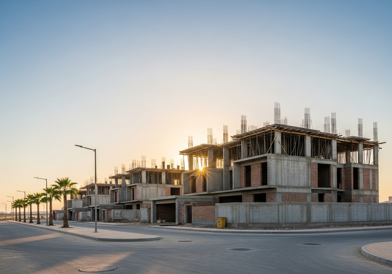 فيلا سكنية فاخرة تحت الإنشاء في مشروع عقاري حديث بالمملكة العربية السعودية مع تصميم عصري